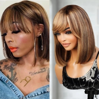 Honey Blonde Short Bob Wig with Bangs | 100% Human Hair 12